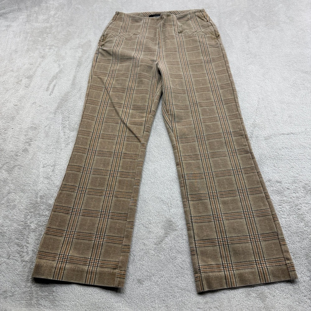 Liverpool Plaid Trousers Women 4/27 Tan Brown Pull On Wide Leg Preppy Twee Pants